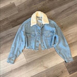 Topshop Light Blue Cropped Denim Jacket with Cream Shearling Collar